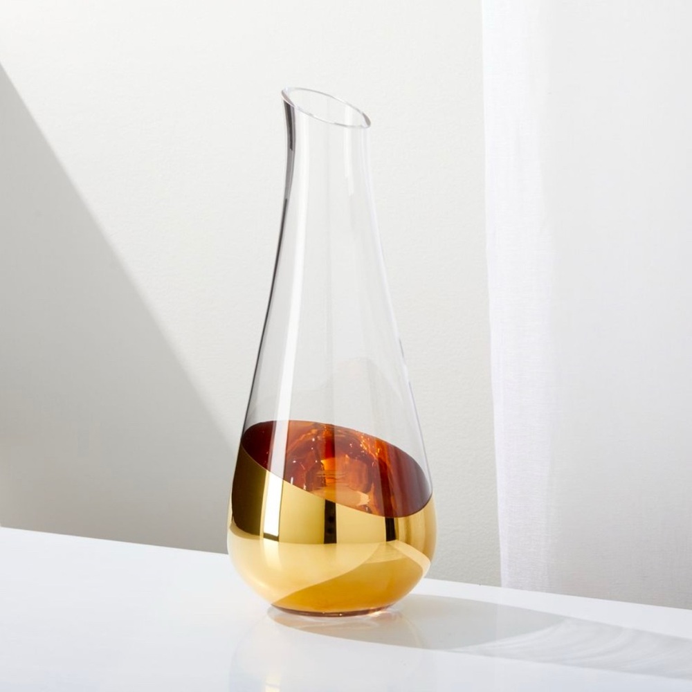 Crate & Barrel Hand Painted Polish Glass Gild Gold Dip Wine Carafe 82oz